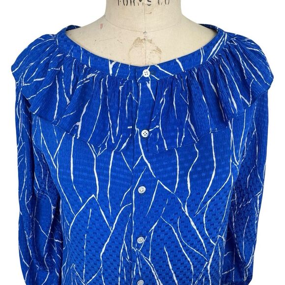 Vintage Adele Simpson Women Silk Midi Dress Medium Royal Blue Long Sleeve Ruffle - Picture 4 of 14
